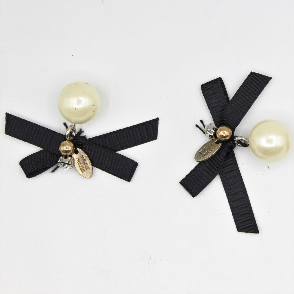 2x Black Bow Tie with Pearl and Strass, Handmade 40x20mm - ACCESSOIRES LEDUC