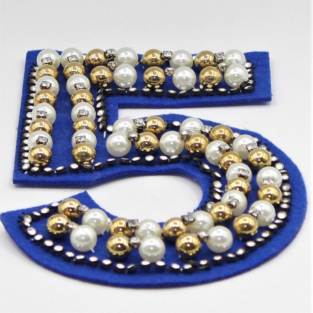 Blauer Aufnäher "5" mit Perlen und Strass 18x11cm #APP1163 - ACCESSOIRES LEDUC