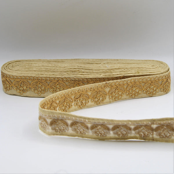 5 Meter Beige Cotton Ribbon with Gold Patterns 20mm - ACCESSOIRES LEDUC