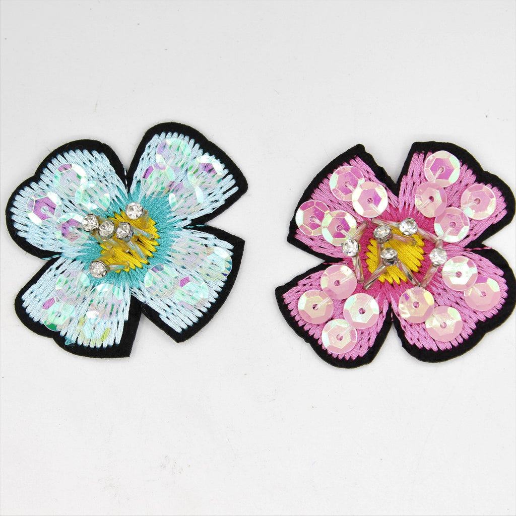6 cm-Blaue oder rosa Blumenflicken zum Aufbügeln mit Strass und Glitzerpailletten - ACCESSOIRES LEDUC