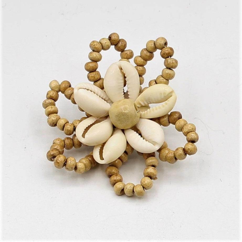 Brown Handmade Floral Brooch with Wooden Beads, Natural White Shells and Pin 6cm #BRO26 - ACCESSOIRES LEDUC BV