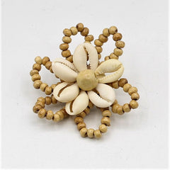 Brown Handmade Floral Brooch  with Wooden Beads, Natural White Shells and Pin 6cm #BRO26 - ACCESSOIRES LEDUC