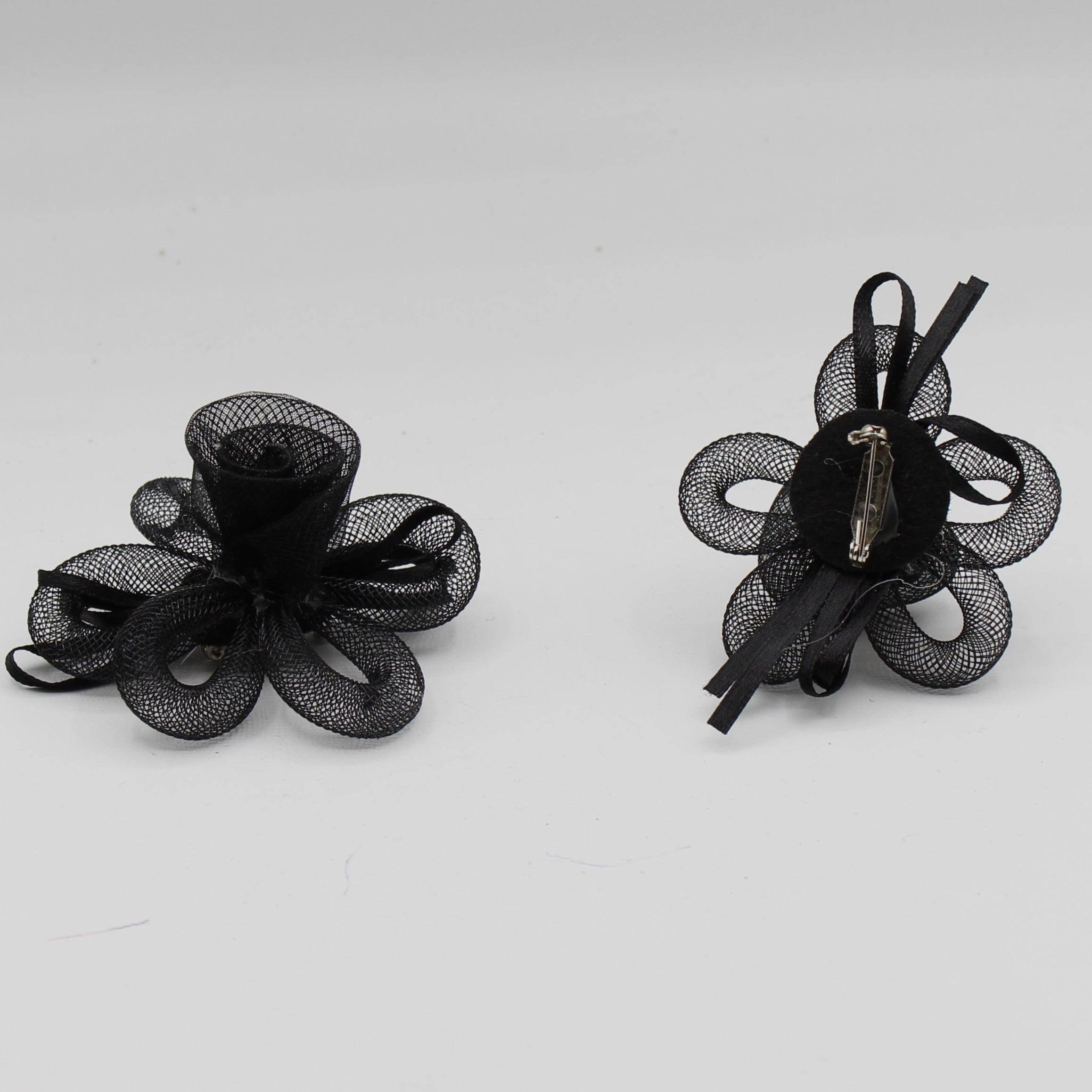 Black Polyester FLOWER BROOCH with Strass and Pin 7cm - ACCESSOIRES LEDUC BV