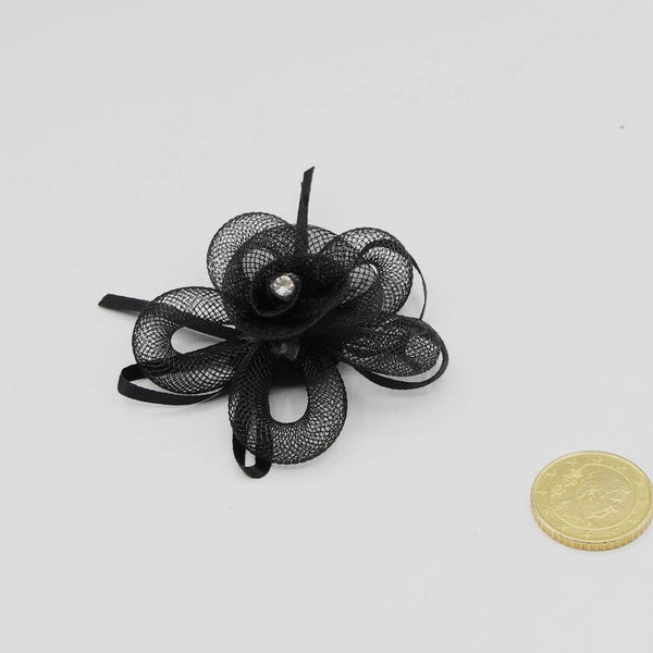 Black Polyester FLOWER BROOCH with Strass and Pin 7cm - ACCESSOIRES LEDUC BV
