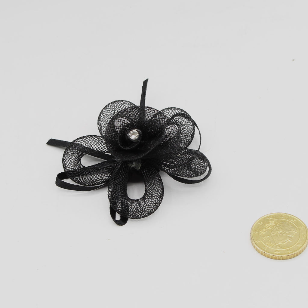 Black Polyester FLOWER BROOCH with Strass and Pin 7cm