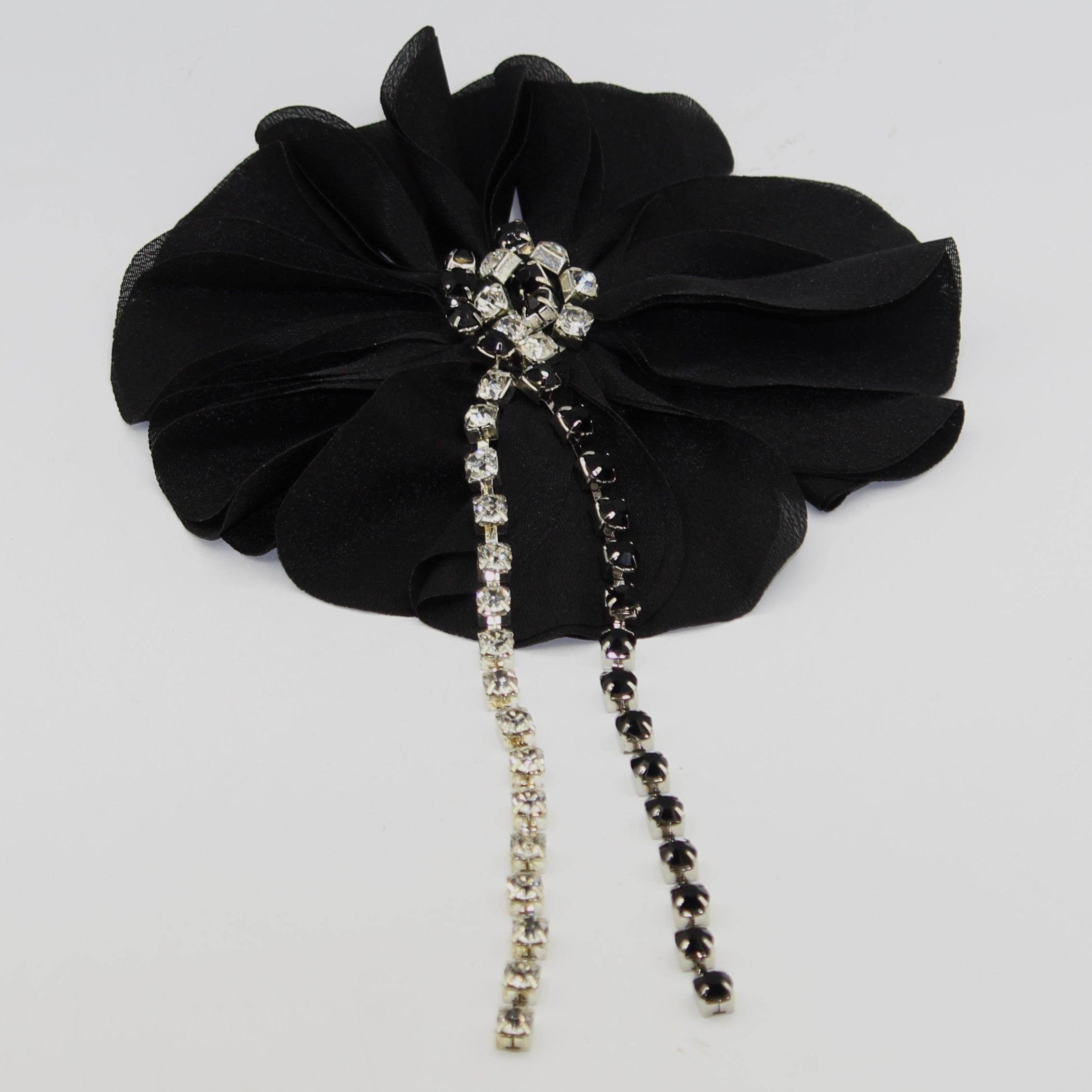 Large Fabric Flower Brooch with Strass chain, Large Flower for ceremony, Hanging accessory, BLACK color #BRO1002 - ACCESSOIRES LEDUC BV