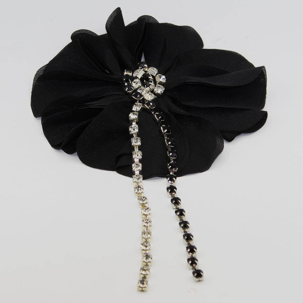 Large Fabric Flower Brooch with Strass chain, Large Flower for ceremony, Hanging accessory, BLACK color #BRO1002 - ACCESSOIRES LEDUC BV
