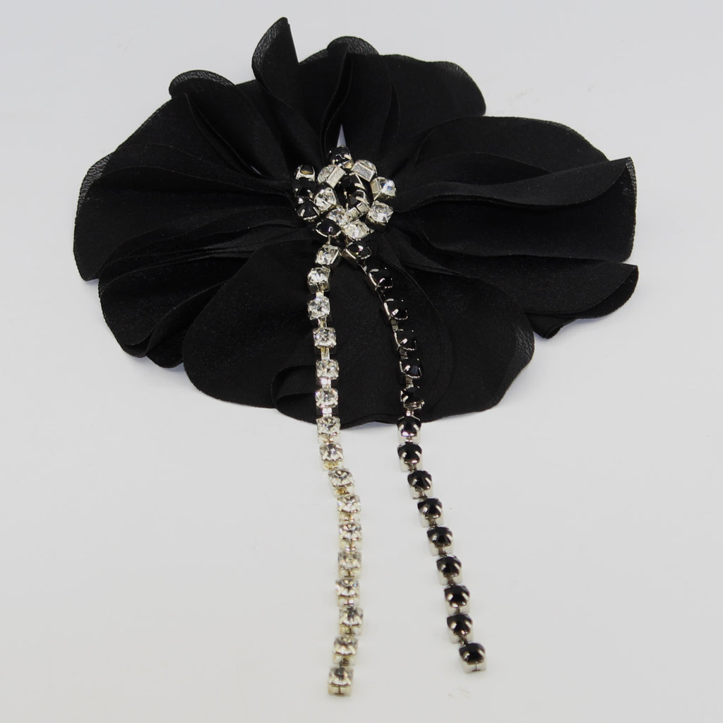 Large Fabric Flower Brooch with Strass chain, Large Flower for ceremony, Hanging accessory, BLACK color #BRO1002