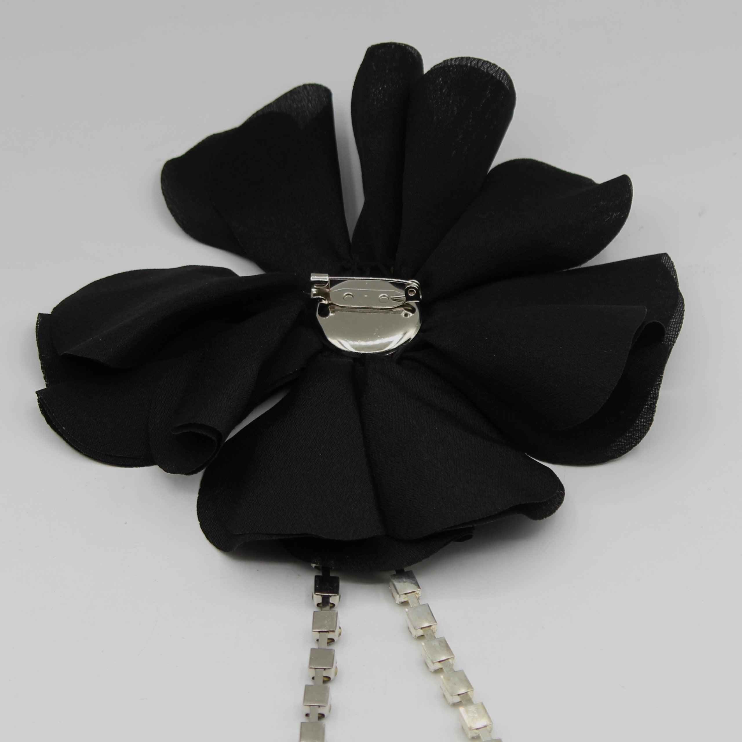 Large Fabric Flower Brooch with Strass chain, Large Flower for ceremony, Hanging accessory, BLACK color #BRO1002 - ACCESSOIRES LEDUC BV