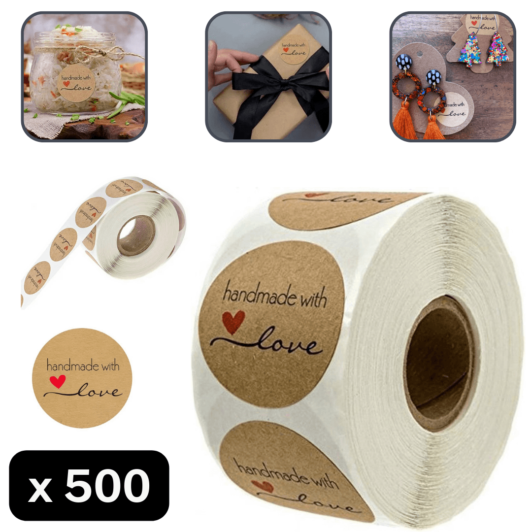 Roll of 500 Sticky Paper Labels "Handmade"