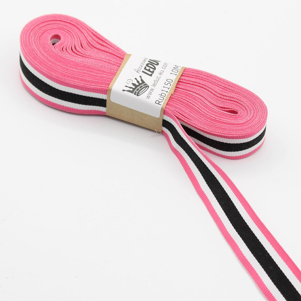 25mm Pink / White / Black / White / Pink Gros Grain Ribbon **10 Meters** - ACCESSOIRES LEDUC