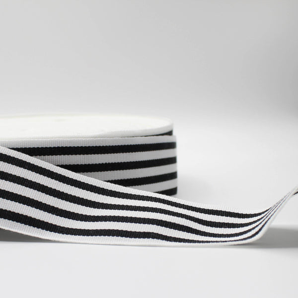 50 meters - 38mm Striped Gros Grain Tape Black + White Stripes - ACCESSOIRES LEDUC BV